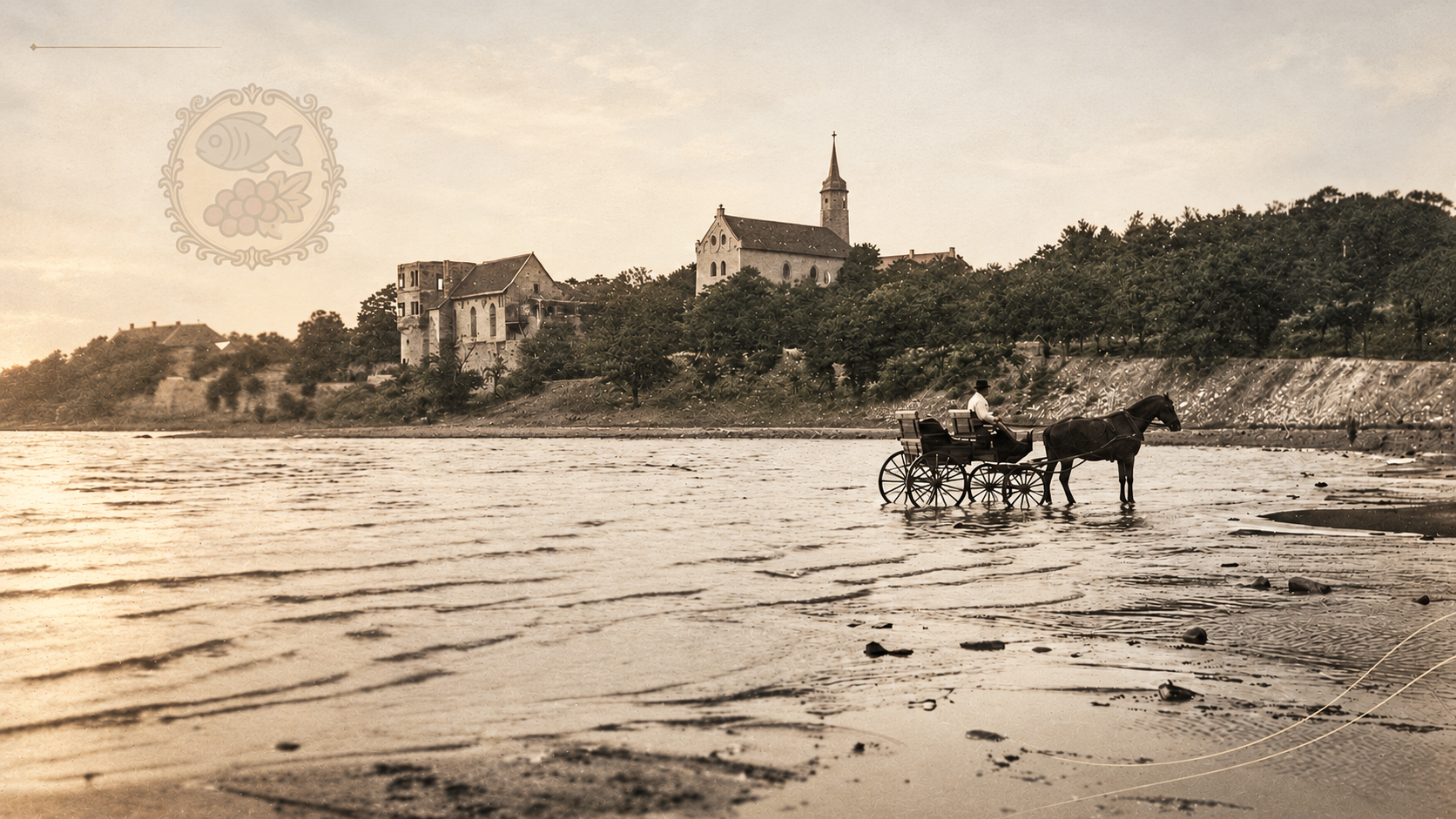 Seeburg am Süßen See mit Schloss, Kirche und einer Pferdekutsche am Ufer